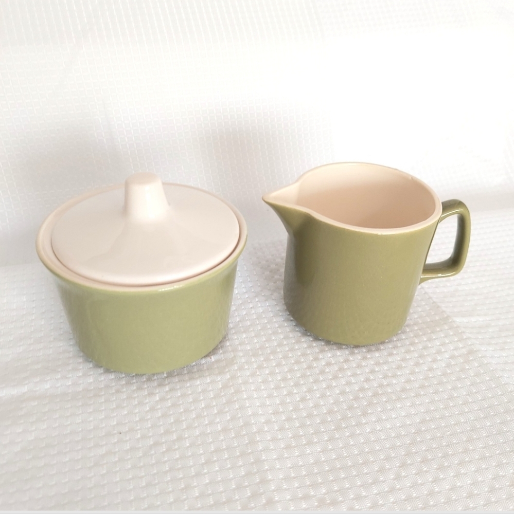 Avocado Green Creamer & Sugar Bowl Ironstone Look Retro Lidded Container